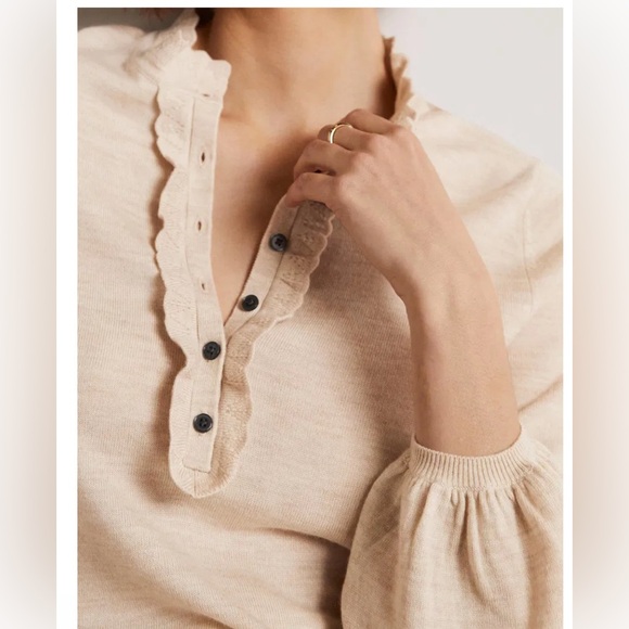 NWT Boden Ruffle Button Front Merino Wool Sweater Heathered Oatmeal Size 10 - Picture 3 of 13